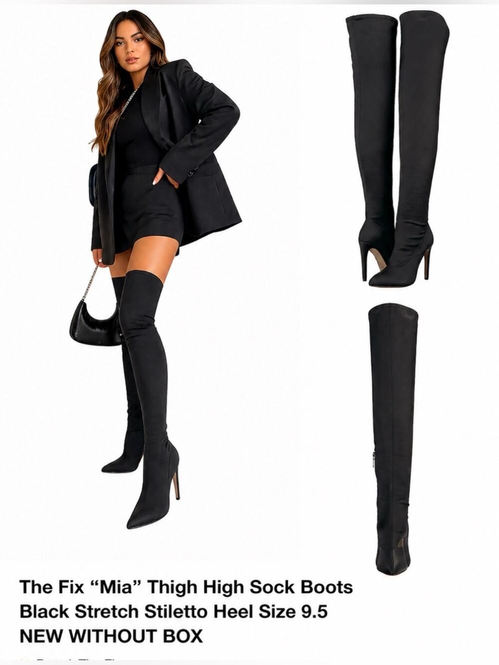 The Fix “Mia” Thigh High Sock Boots Black Stretch Stiletto Heel Size 9.5 NWB